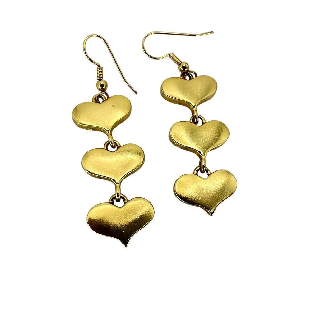 Vintage Three Heart Dangle Drop Earrings Pierced Yellow Gold Tone